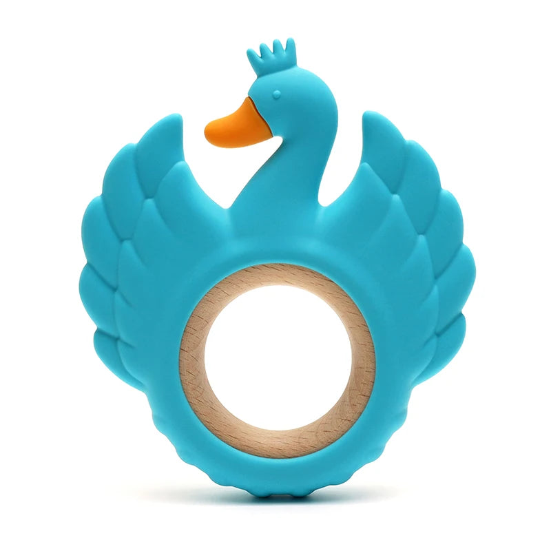 New Swan Silicone Teether Food Grade Wooden Ring Baby Teething Toy