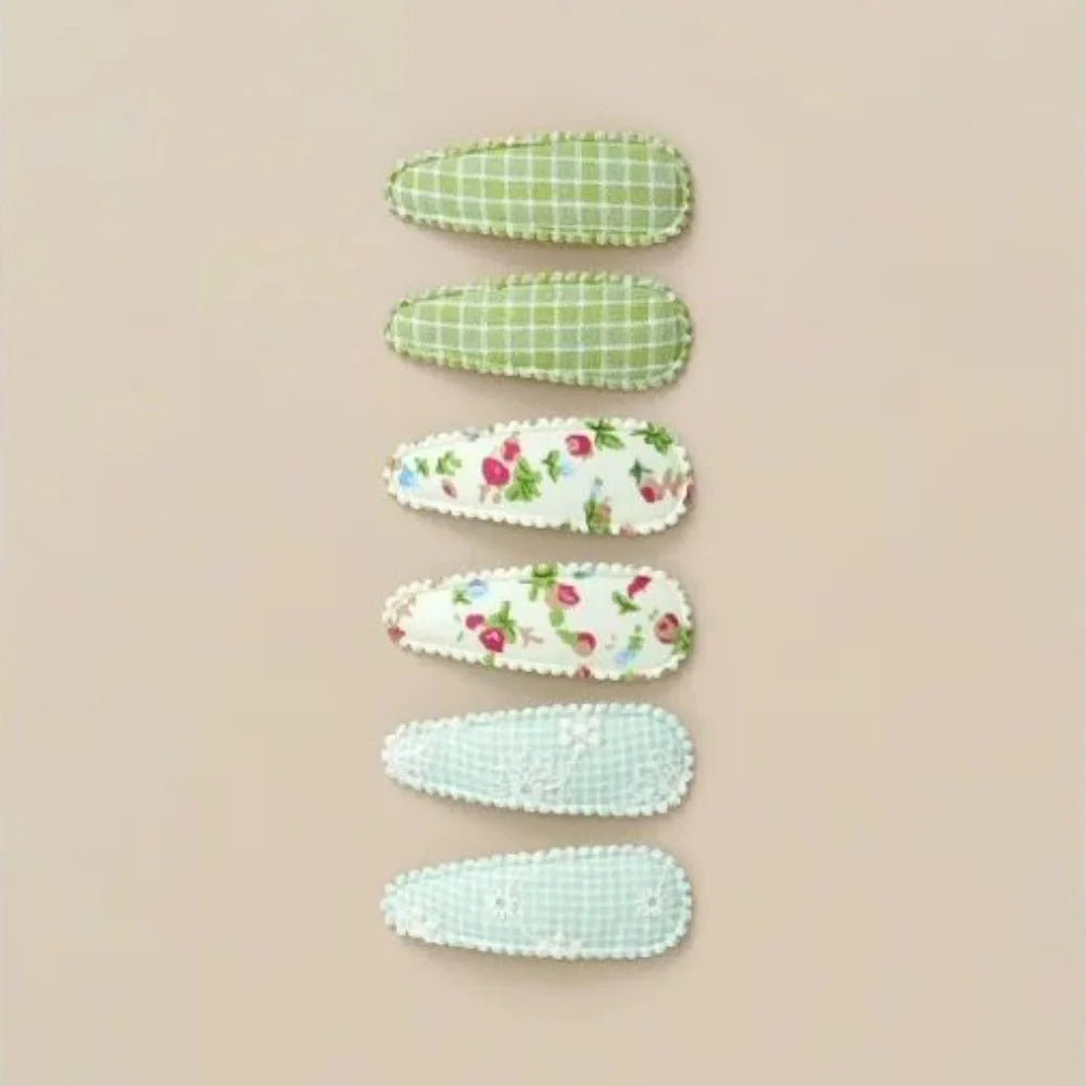 6 Pcs/Set Lovely 2inch Baby Hair Clips Handmade Lace Embroidery Snap Clips Cotton Plaid Floral Print Hairpins for Baby Girl
