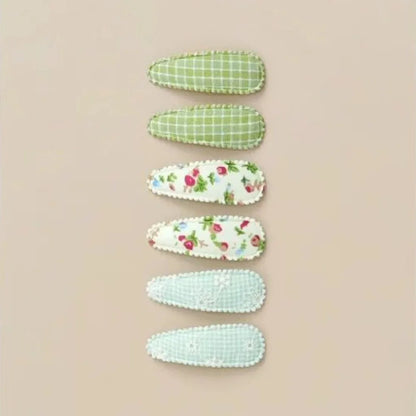 6 Pcs/Set Lovely 2inch Baby Hair Clips Handmade Lace Embroidery Snap Clips Cotton Plaid Floral Print Hairpins for Baby Girl
