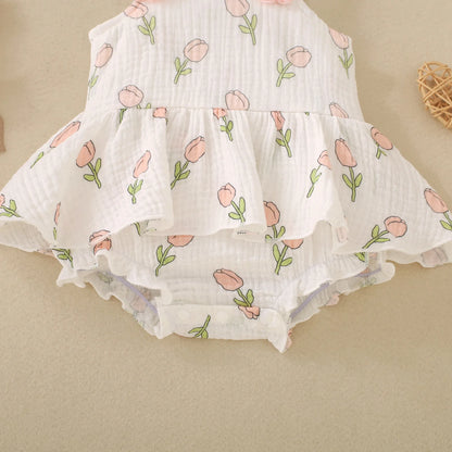 Summer female infant white strap tulip print sleeveless Romper, sweet and cute
