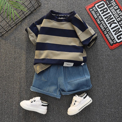 Solid Color Striped Casual Children's Short Sleeves + Fashionable Shorts 2 Pcs