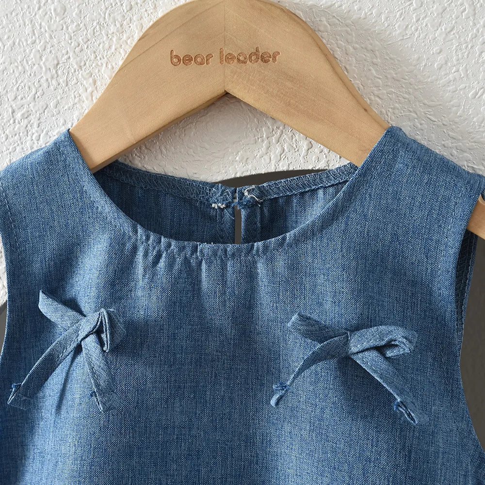 Blue Summer New Casual Girls' Clothes Round Neck Sleeveless Bow Lace Vest Princess Dress