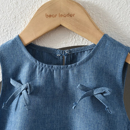 Blue Summer New Casual Girls' Clothes Round Neck Sleeveless Bow Lace Vest Princess Dress