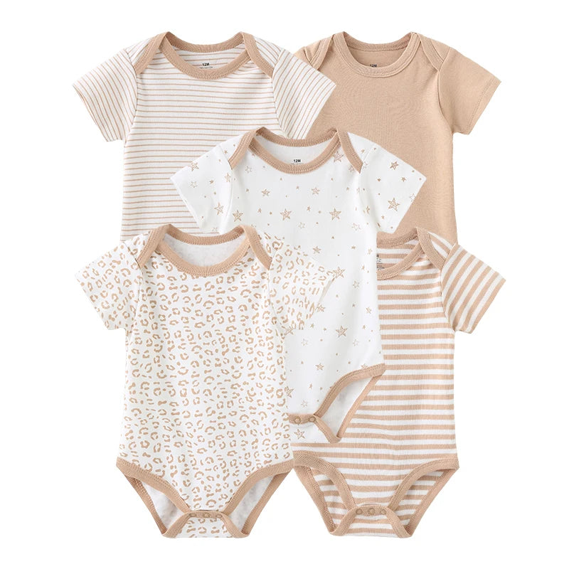 Unisex Bodysuits 4/5PCS Cotton Newborn Baby Girl Clothes Set Short Sleeve Print Baby Boy Clothes Summer Solid Color
