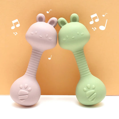 Food-Grade Baby Bunny Silicone Rattle Teether – Dumbbell Shape for Easy Grip, Handheld Toy for Infants