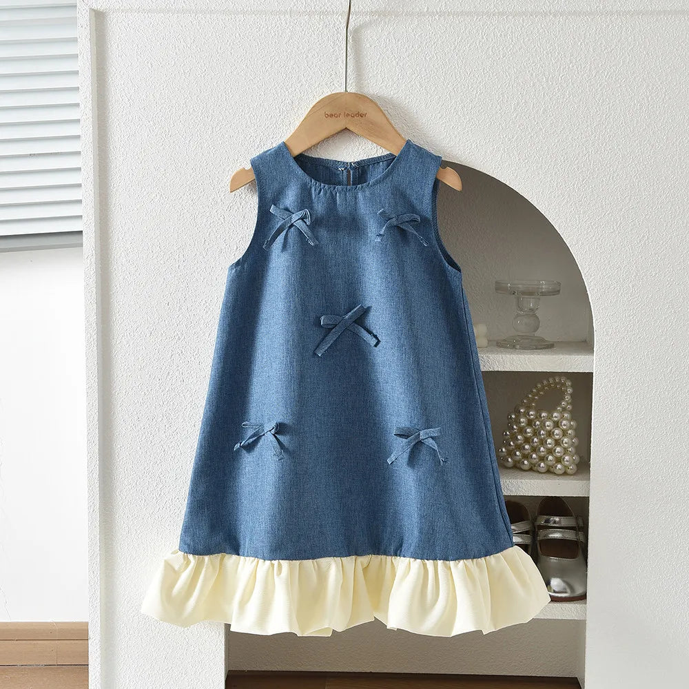 Blue Summer New Casual Girls' Clothes Round Neck Sleeveless Bow Lace Vest Princess Dress