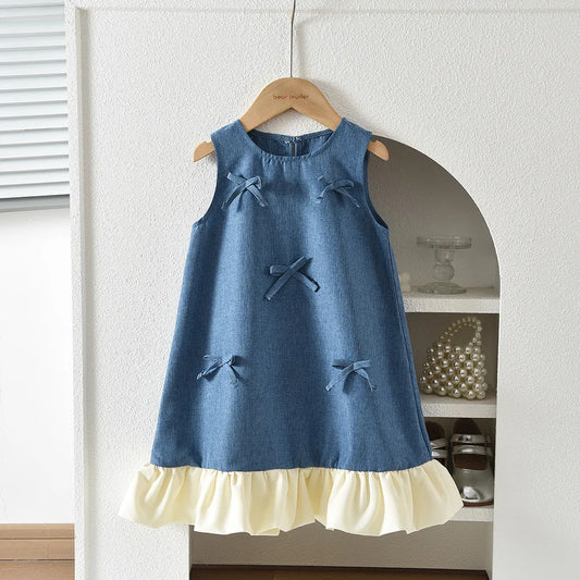 Blue Summer New Casual Girls' Clothes Round Neck Sleeveless Bow Lace Vest Princess Dress