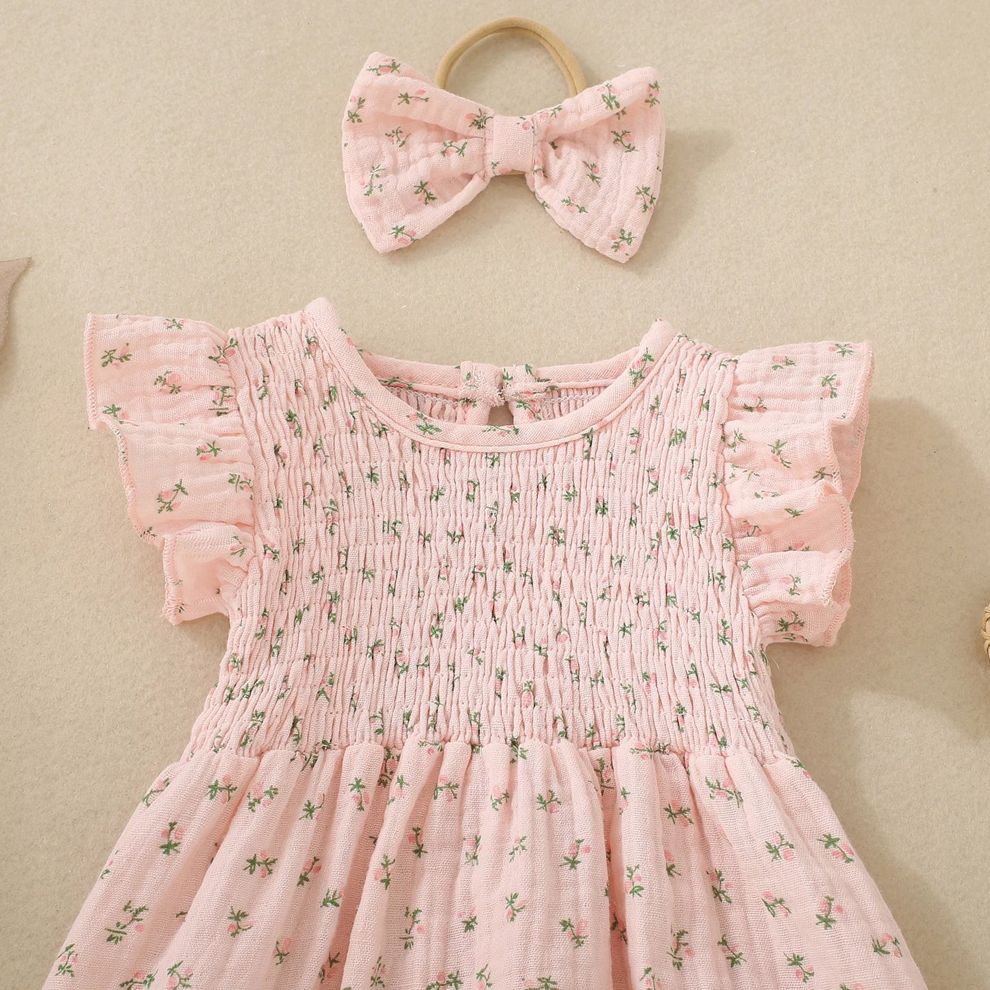 Summer female infant pink short-sleeved flower and plant print triangular Romper and bow headscarf two-piece set