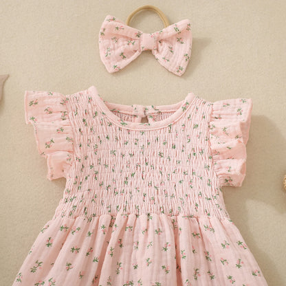 Summer female infant pink short-sleeved flower and plant print triangular Romper and bow headscarf two-piece set