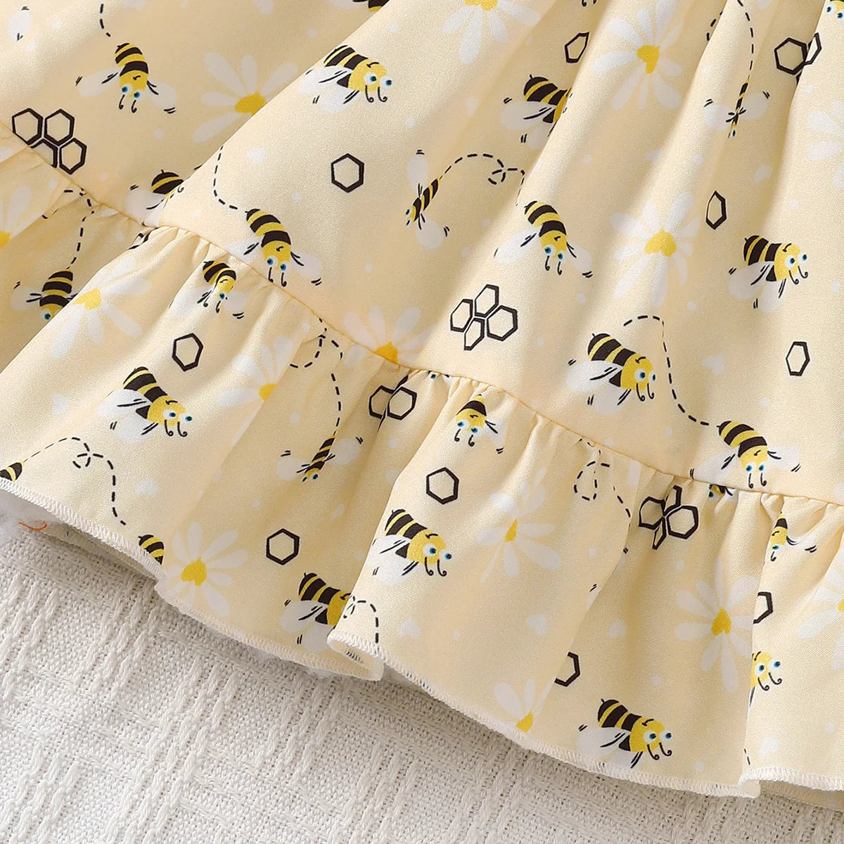 Summer Dress Cute Little bee Ruffled Suspender Dress and Headband 2-piece Set