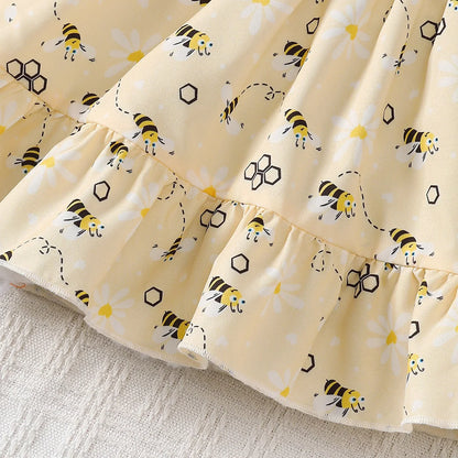 Summer Dress Cute Little bee Ruffled Suspender Dress and Headband 2-piece Set
