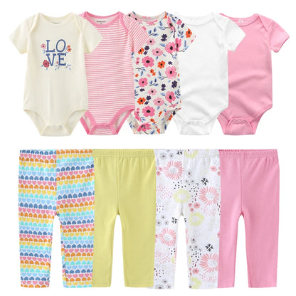 Unisex 6/9/10Pieces Cotton New Born Bodysuits+Pants Baby Girl Clothes Sets Cartoon Print Short Sleeve Baby Boy Clothes Bebes
