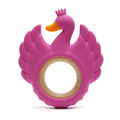 New Swan Silicone Teether Food Grade Wooden Ring Baby Teething Toy