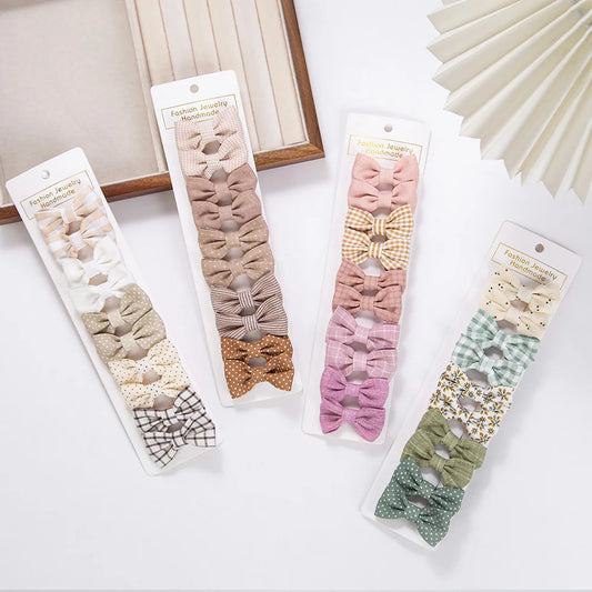 10Pcs/Set Mini Hair Bows Clips Baby Girls Cute Froal Print Plaid Hairbows Checkered Gingham Hairpins Korean Safety Kids Headwear