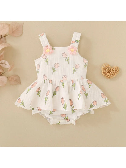 Summer female infant white strap tulip print sleeveless Romper, sweet and cute