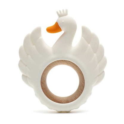 New Swan Silicone Teether Food Grade Wooden Ring Baby Teething Toy