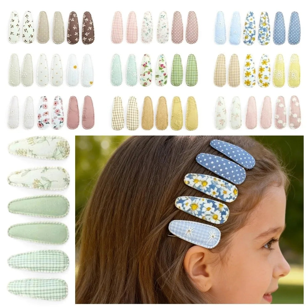 6 Pcs/Set Lovely 2inch Baby Hair Clips Handmade Lace Embroidery Snap Clips Cotton Plaid Floral Print Hairpins for Baby Girl