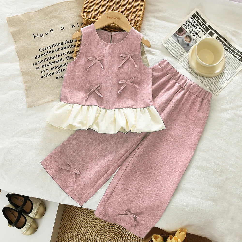 Blue Summer New Casual Girls' Clothes Round Neck Sleeveless Bow Lace Vest Princess Dress