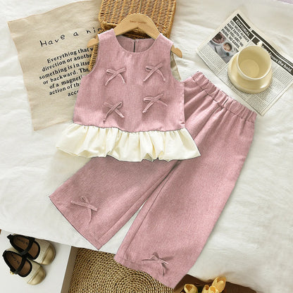 Blue Summer New Casual Girls' Clothes Round Neck Sleeveless Bow Lace Vest Princess Dress