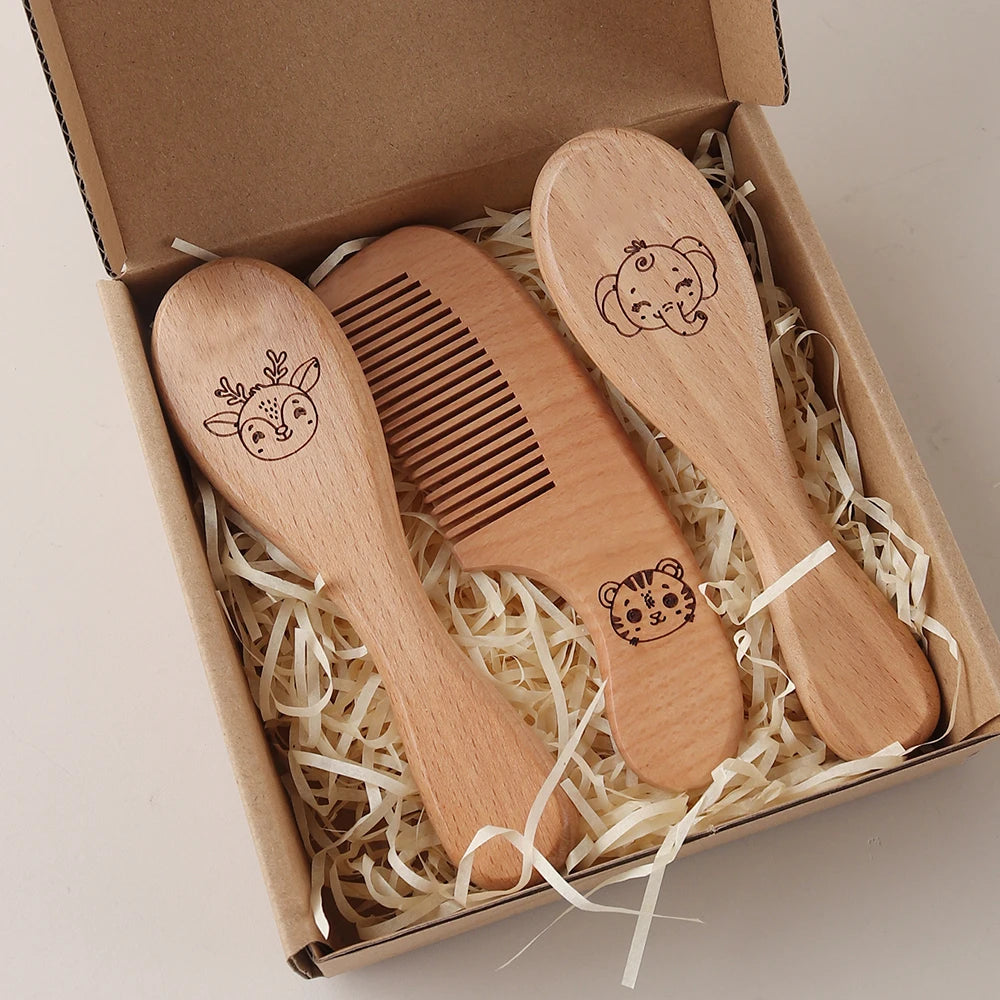 3pcs Set Engraving Elephant Tiger Baby Comb Brush Set Newborn Gift Set Natural Wool Beech Wooden Comb Baby Hair Brush