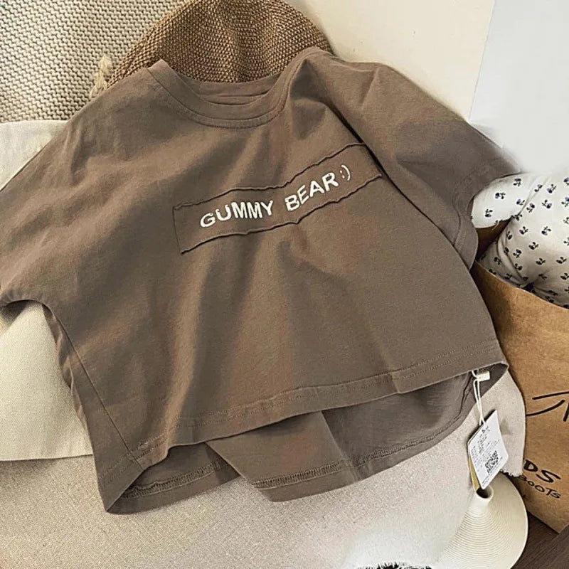 Boys Kids Cotton T-shirt Short Sleeve Cute Letters Fashion O-neck Pullover Baby Children Tops Sweatshirt 1-7T