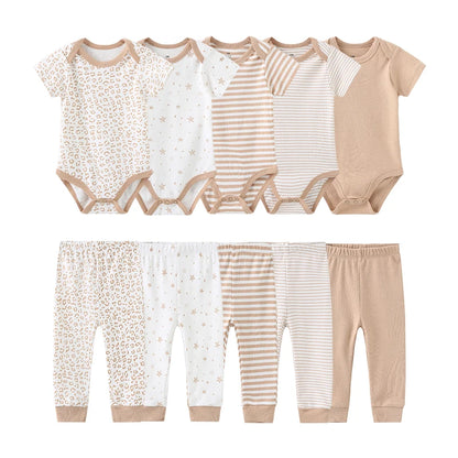 Unisex 6/9/10Pieces Cotton New Born Bodysuits+Pants Baby Girl Clothes Sets Cartoon Print Short Sleeve Baby Boy Clothes Bebes