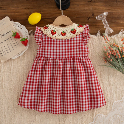 Red Checkered Baby Girl Dress Summer New Cute Strawberry Children'S Clothing (9 Months -4 Years Old)