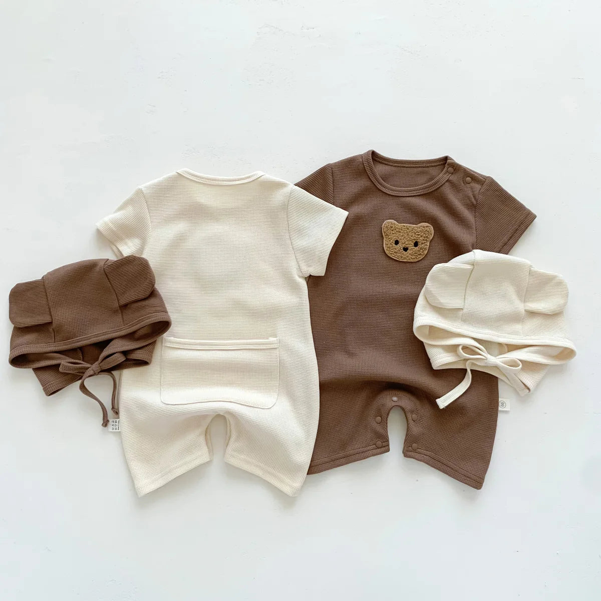 Short Sleeve Waffle Patch Bear Infant Newborn Jumpsuits Cotton Romper Hat with Ears