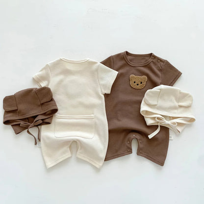 Short Sleeve Waffle Patch Bear Infant Newborn Jumpsuits Cotton Romper Hat with Ears