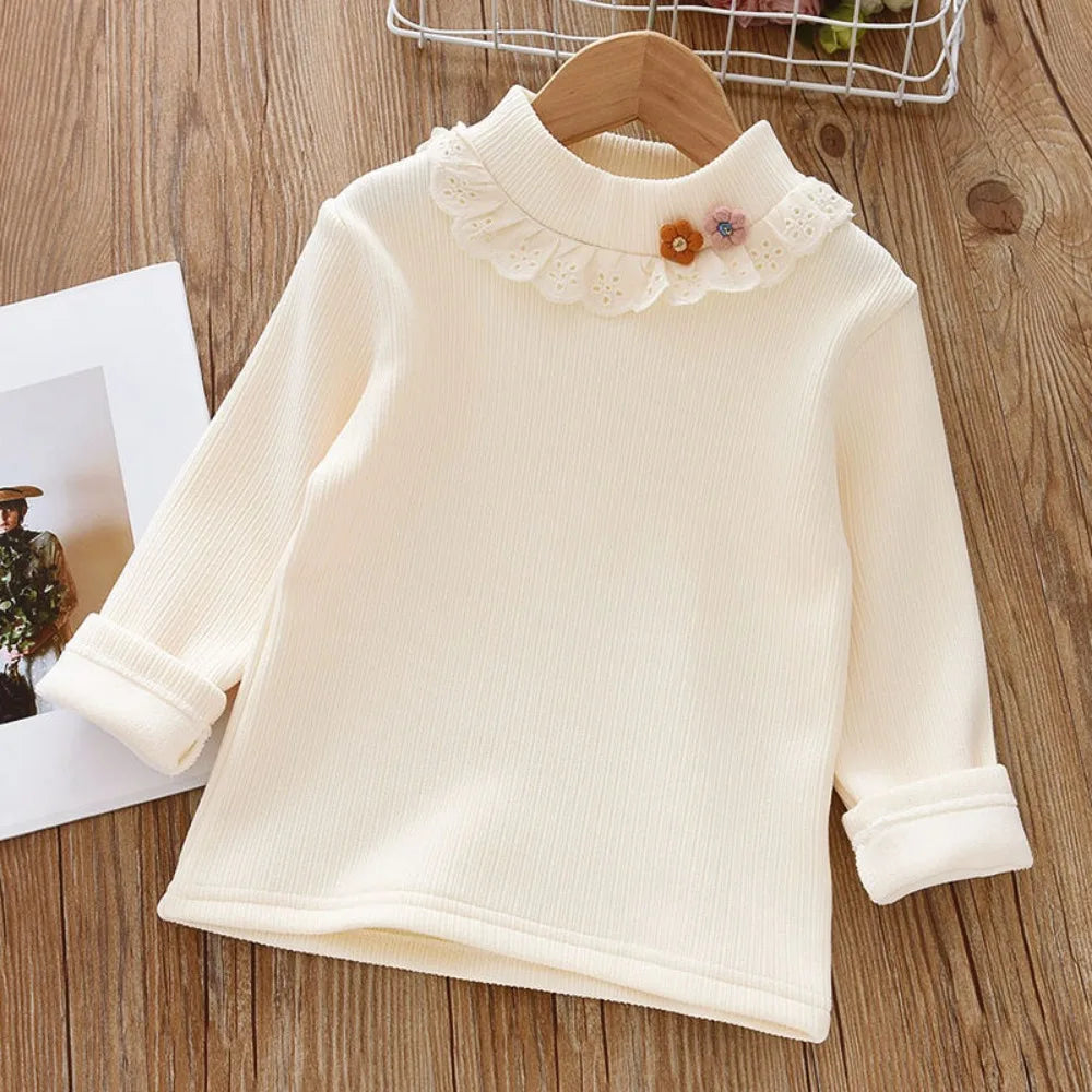 Autumn Winter Warm Girls' Top with 3D Flower Decoration and Lace Round Neck T-shirt
