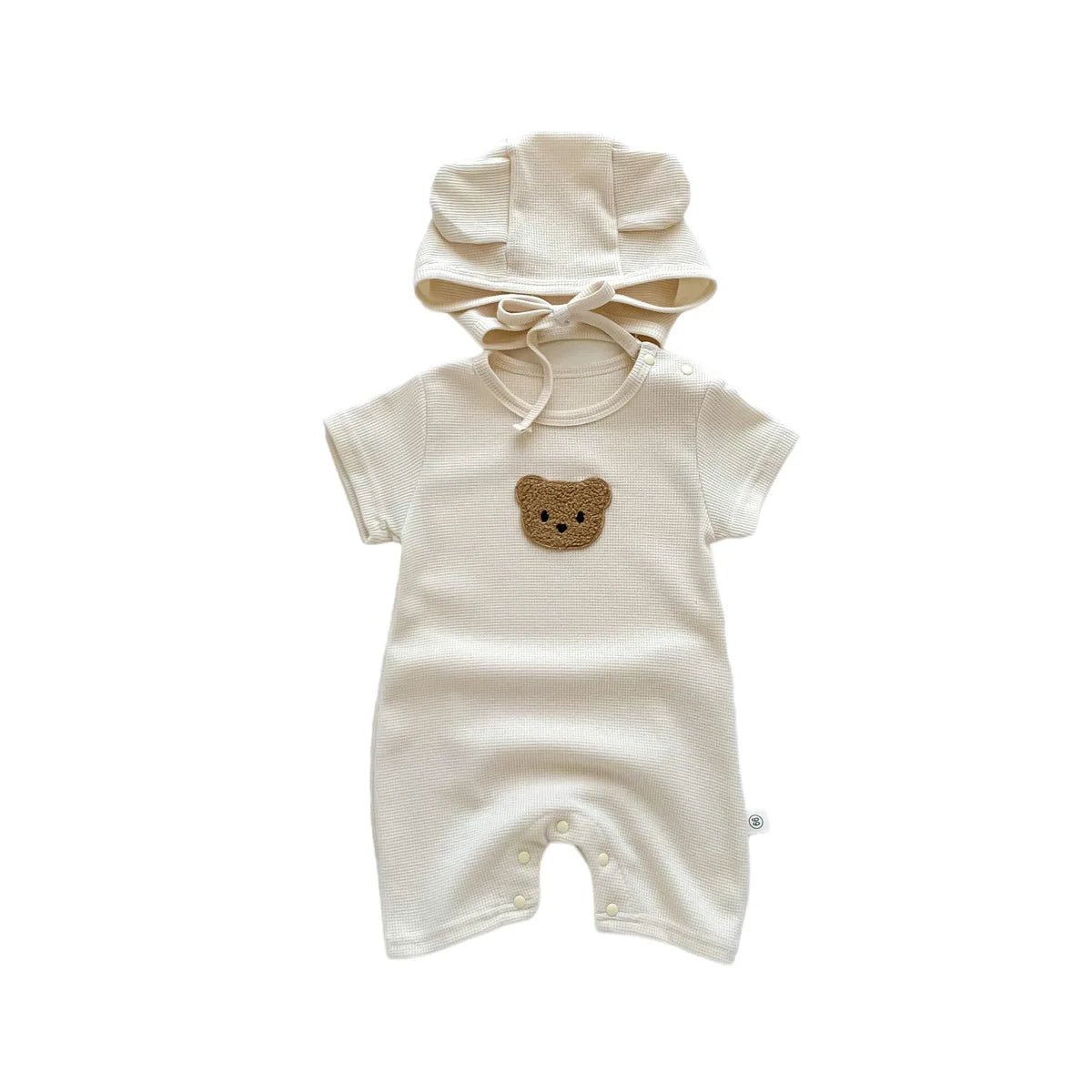 Short Sleeve Waffle Patch Bear Infant Newborn Jumpsuits Cotton Romper Hat with Ears