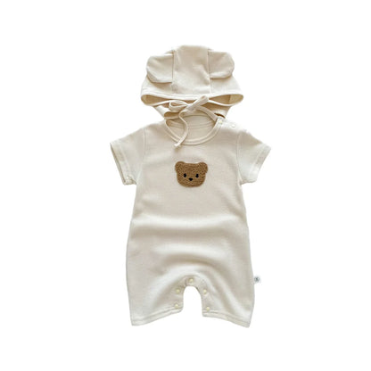 Short Sleeve Waffle Patch Bear Infant Newborn Jumpsuits Cotton Romper Hat with Ears