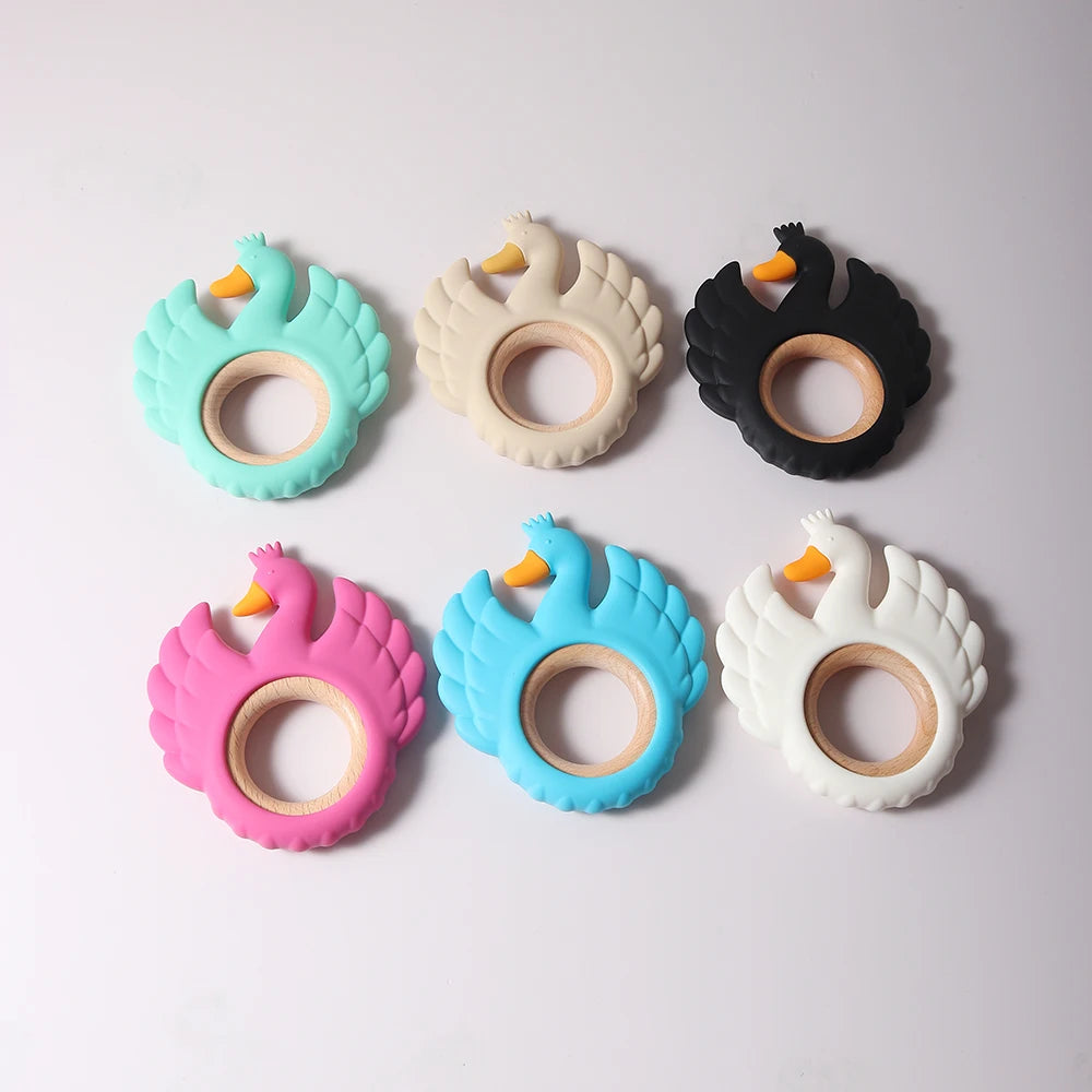 New Swan Silicone Teether Food Grade Wooden Ring Baby Teething Toy