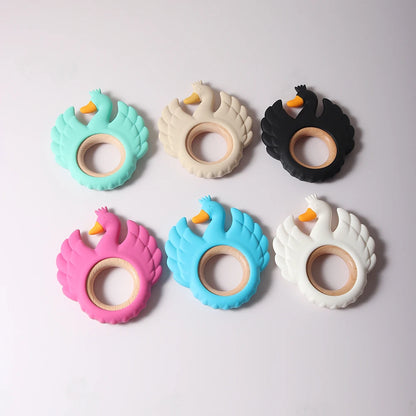 New Swan Silicone Teether Food Grade Wooden Ring Baby Teething Toy