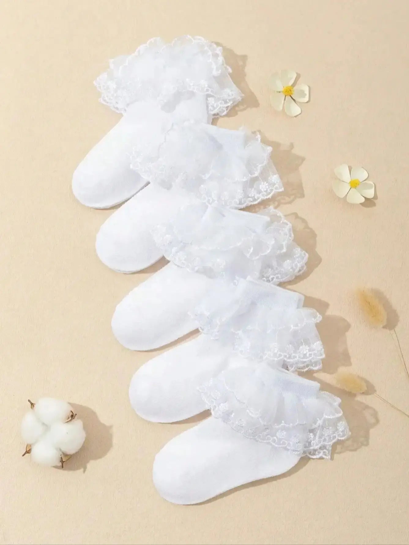 5 Pairs Baby Toddler Girls White Ruffle Frilly Crew Socks