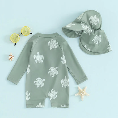 Toddler Boys Rash Guard Swimsuit Long Sleeve Turtle/Dinosaur Print