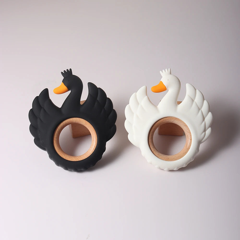 New Swan Silicone Teether Food Grade Wooden Ring Baby Teething Toy