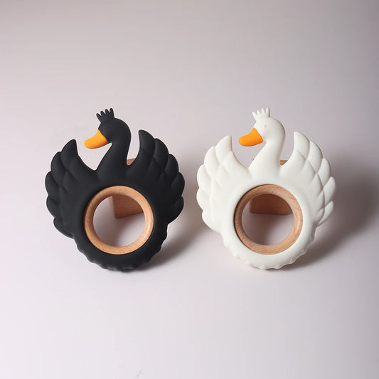 New Swan Silicone Teether Food Grade Wooden Ring Baby Teething Toy