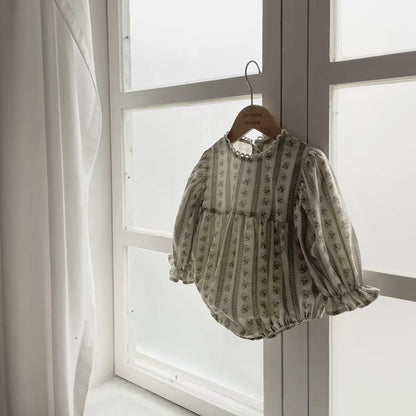 Vintage Newborn Infant Baby Girls Romper Spring Floral Stripe Baby Rompers Infant Bodysuit Toddler Onepiece Linen Baby Clothes