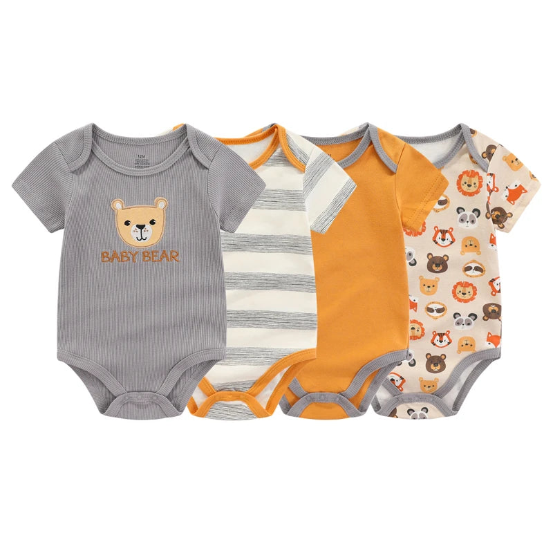 Unisex Bodysuits 4/5PCS Cotton Newborn Baby Girl Clothes Set Short Sleeve Print Baby Boy Clothes Summer Solid Color