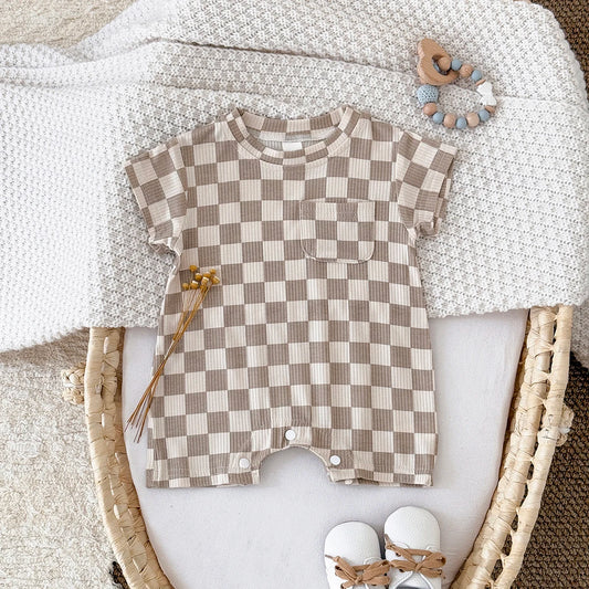 Summer Hot Newborn Baby Girl Clothes Summer Romper Sleeved Home Clothing Jumpsuit Chessboard pattern Toddler Bodysuit