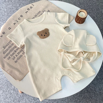 Short Sleeve Waffle Patch Bear Infant Newborn Jumpsuits Cotton Romper Hat with Ears