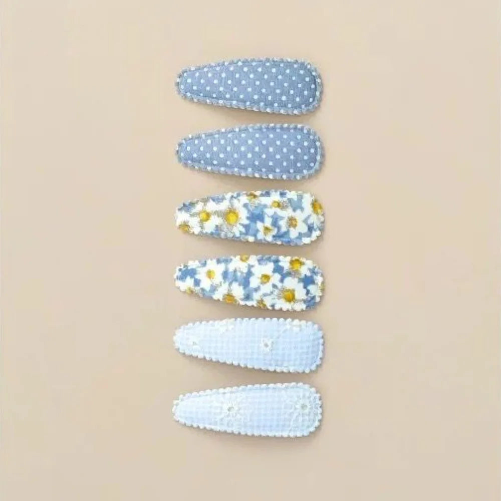 6 Pcs/Set Lovely 2inch Baby Hair Clips Handmade Lace Embroidery Snap Clips Cotton Plaid Floral Print Hairpins for Baby Girl