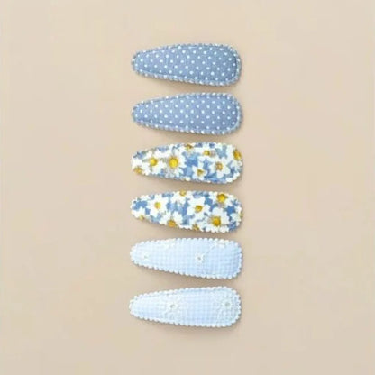 6 Pcs/Set Lovely 2inch Baby Hair Clips Handmade Lace Embroidery Snap Clips Cotton Plaid Floral Print Hairpins for Baby Girl