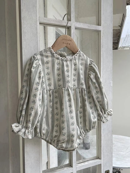 Vintage Newborn Infant Baby Girls Romper Spring Floral Stripe Baby Rompers Infant Bodysuit Toddler Onepiece Linen Baby Clothes