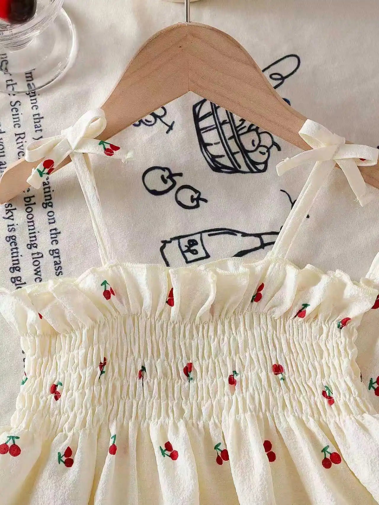 Summer baby girl white cherry print camisole top paired with matching pants in two pieces