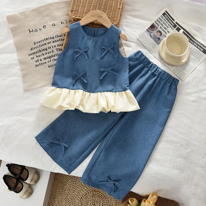 Blue Summer New Casual Girls' Clothes Round Neck Sleeveless Bow Lace Vest Princess Dress