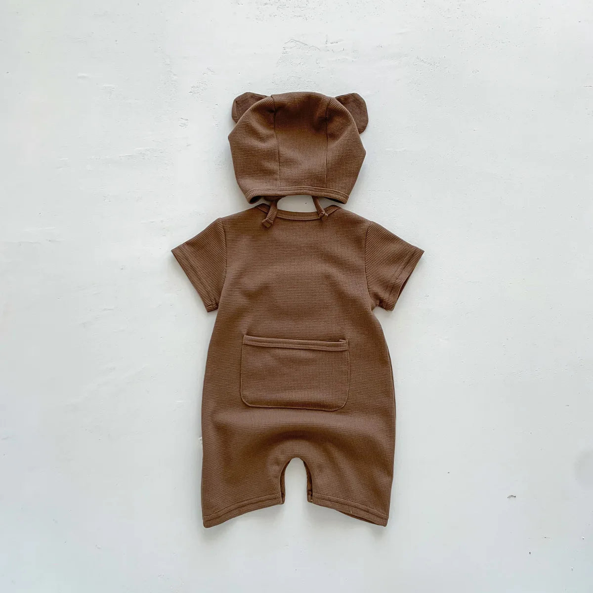 Short Sleeve Waffle Patch Bear Infant Newborn Jumpsuits Cotton Romper Hat with Ears