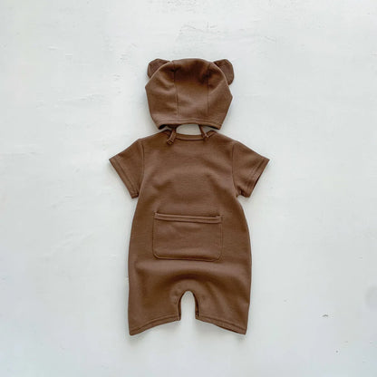 Short Sleeve Waffle Patch Bear Infant Newborn Jumpsuits Cotton Romper Hat with Ears