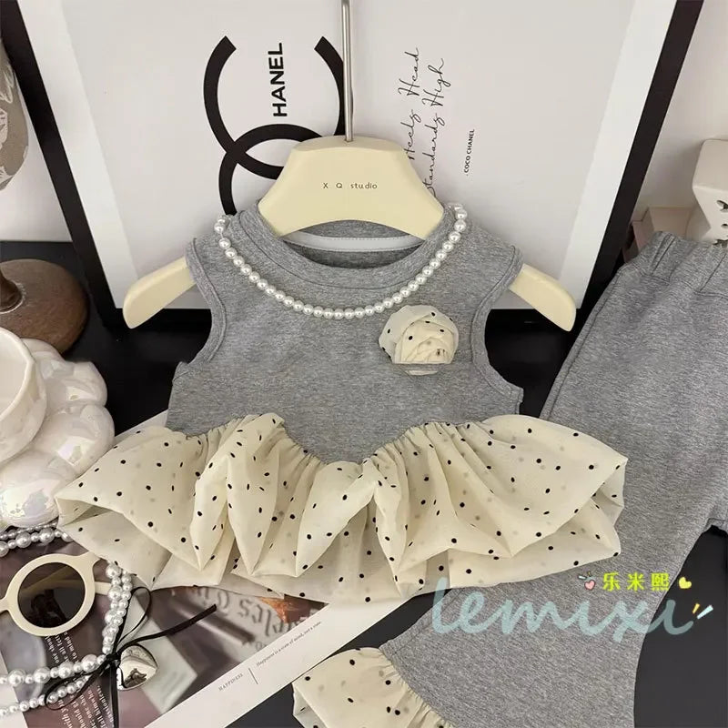 2Pcs Set Rose Mesh Stitched Sleeved Top + Bell-bottom Pants